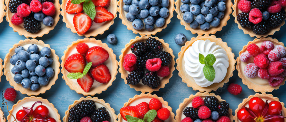 Assorted Berry Tarts on Blue Wooden Table - Flat Lay
Assorted Berry Tarts on Blue Wooden Table - Flat Lay