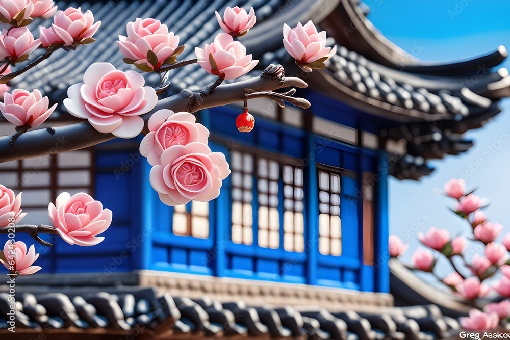 Korean style, Hanok, house, blue sky, historical, old, cool, realistic ...