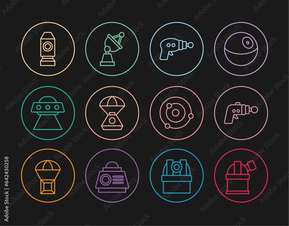 Set line Astronomical observatory, Ray gun, Space capsule, UFO flying spaceship, Rocket, Solar system and Satellite dish icon. Vector Set line Astronomical observatory, Ray gun, Space capsule, UFO flying spaceship, Rocket, Solar system and Satellite dish icon. Vector