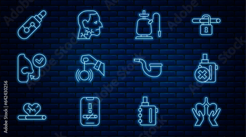 Set line Lungs, No electronic cigarette, Hookah, Hypnosis, Healthy breathing, Electronic, pipe smoking and Throat cancer icon. Vector