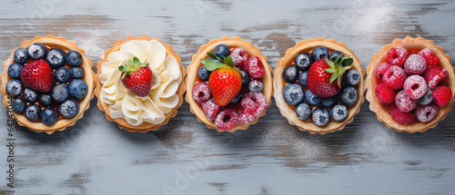 Assorted Berry Tarts on Blue Wooden Table - Flat Lay 