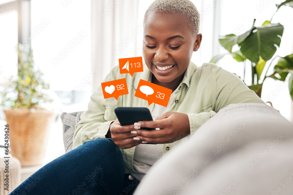 Φωτογραφία Notification, overlay and black woman with phone on sofa for social media, chat or emoji reaction at home