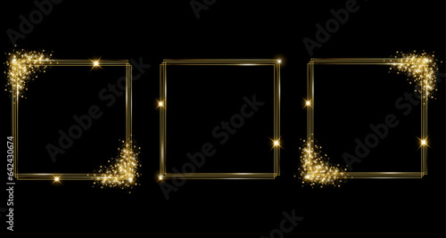 Set of vector template of shining gold frame, background with glitter for Christmas celebration party, New Year card, wedding, bachelorette party, baby shower party, logo. Vector illustration