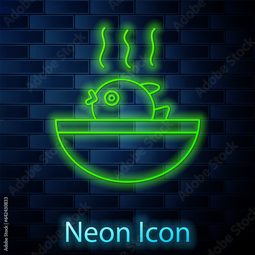Glowing neon line Puffer fish soup icon isolated on brick wall background. Fugu fish japanese puffer fish. Vector.