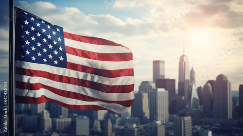 American flag on city blur background