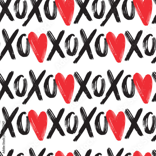 Vector seamless pattern Valentine XOXO red hearts on white background. XOXO brush lettering signs vector illustration