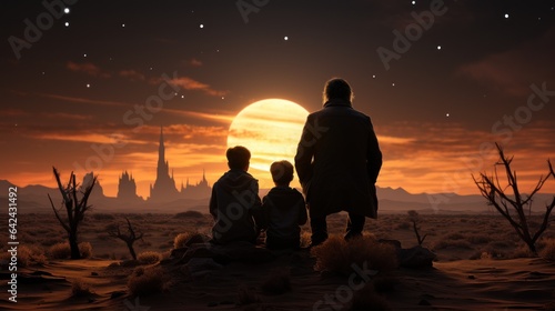 Father and son sitting against sunset view