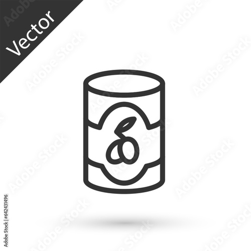 Grey line Olives in can icon isolated on white background. Concept of canned food. Vector