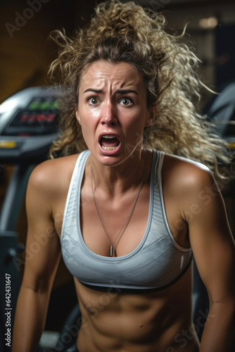 Funny exhausted woman is working out. Generative AI