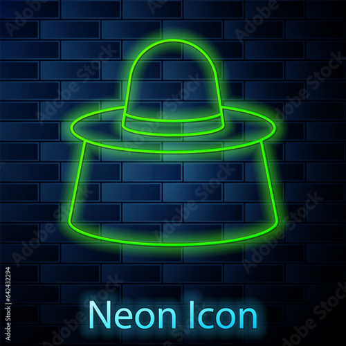 Glowing neon line Beekeeper with protect hat icon isolated on brick wall background. Special protective uniform. Vector