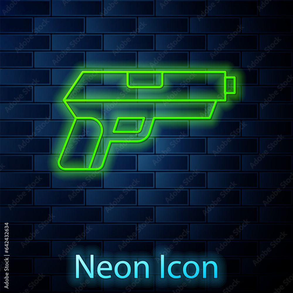 Glowing neon line Pistol or gun icon isolated on brick wall background. Police or military handgun. Small firearm. Vector Glowing neon line Pistol or gun icon isolated on brick wall background. Police or military handgun. Small firearm. Vector