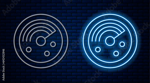 Glowing neon line Radar with targets on monitor in searching icon isolated on brick wall background. Search system. Navy sonar. Vector