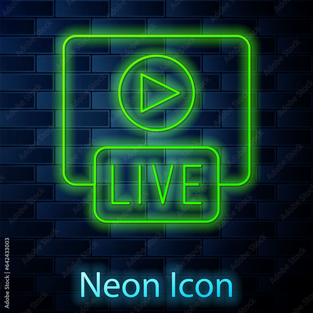 Glowing neon line Live streaming online videogame play icon isolated on brick wall background. Vector Glowing neon line Live streaming online videogame play icon isolated on brick wall background. Vector