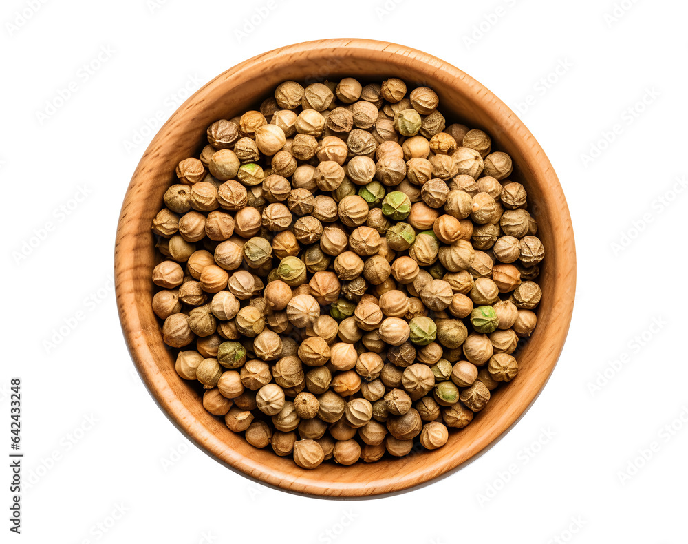 Coriander seeds in wooden bowl top view, ingredient Coriander seeds in wooden bowl top view, ingredient