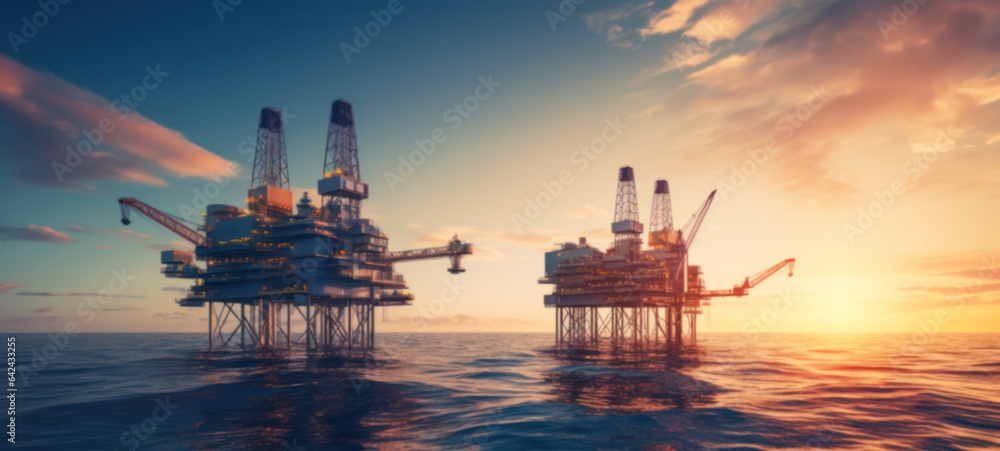 Petroleum platform oil and gas at sea production seathe coast as the sun sets. blurred image
