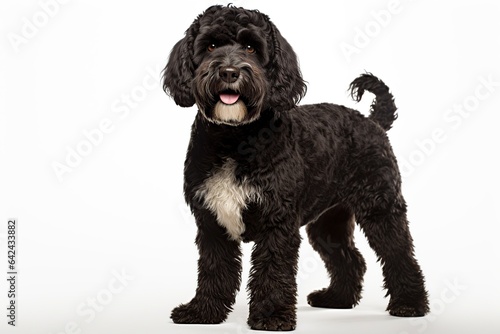 upright portuguese water dog on a white background