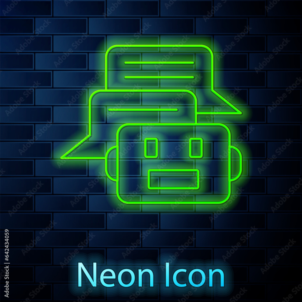 Glowing neon line Chat bot icon isolated on brick wall background. Chatbot icon. Vector Glowing neon line Chat bot icon isolated on brick wall background. Chatbot icon. Vector