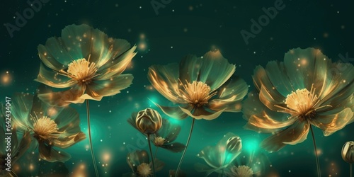 Beautiful abstract gold and green night photo floral design background banner. beautiful Generative AI AIG32