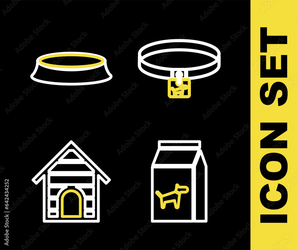 Φωτογραφία Set line Dog collar, Bag of food for dog, house and Pet bowl icon
