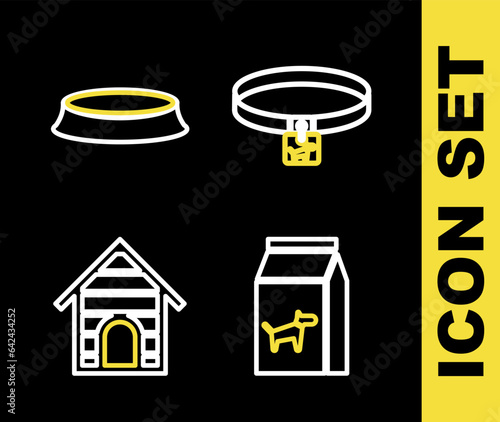 Set line Dog collar, Bag of food for dog, house and Pet bowl icon. Vector
