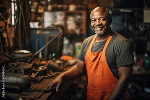 Man repairing a car in auto repair shop. Middle aged African American man in his workshop.