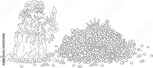 Angry witch with a burning candle checking a safety of her priceless treasures and gold coins on a dark terrible night, black and white outline vector cartoon illustration for a coloring book