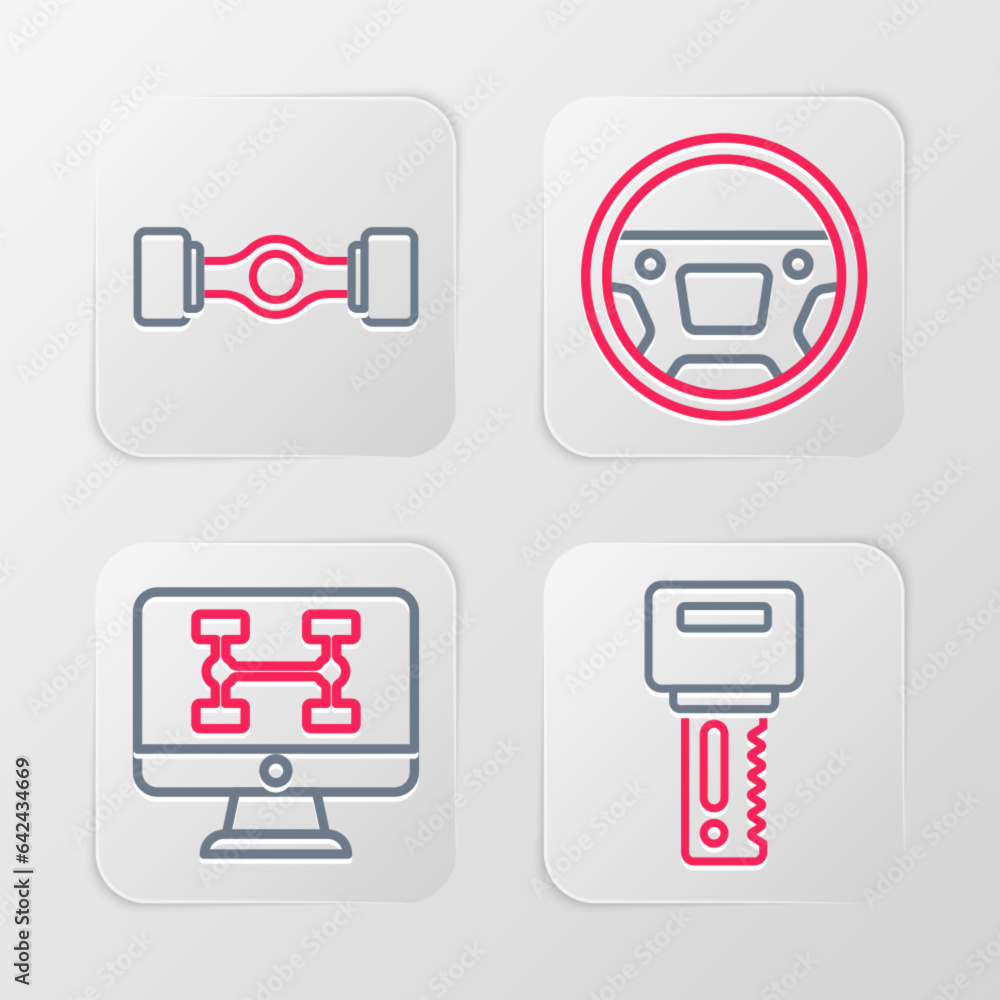Fototapeta premium Set line Car key with remote, Diagnostics condition of car, Steering wheel and Chassis icon. Vector