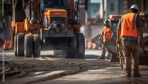 civil engineer and construction worker working on asphalt