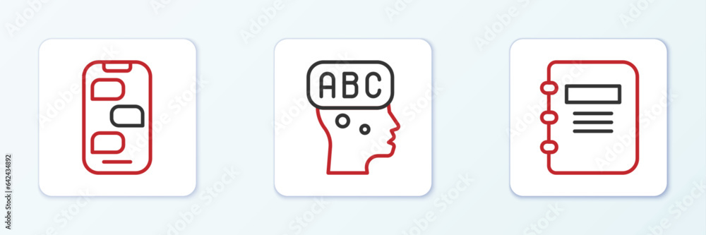 Set line Notebook, New chat messages notification and Learning foreign languages icon. Vector Set line Notebook, New chat messages notification and Learning foreign languages icon. Vector