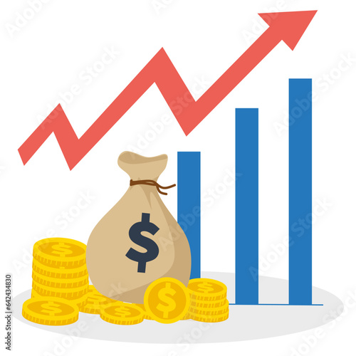 Profit money or budget vector illustration. Pile of cash and rising graph arrow up, the concept of business success, economic or market growth.