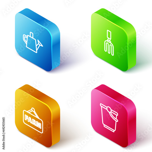 Set Isometric line Watering can, Garden rake, Signboard with text Farm and Bucket icon. Vector
