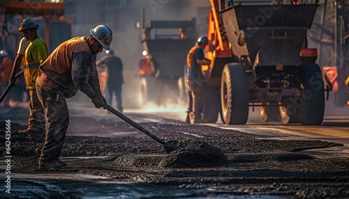 civil engineer and construction worker working on asphalt