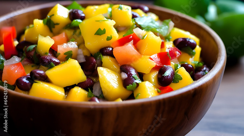 Colorful and refreshing mango and black bean salsa with cilantro and lime