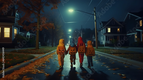 Kids in Halloween costumes walking down the street for trick or treat during Halloween night. Back view, spooky pumpkin backpack. Boys, girls, group of people. AI generative.
