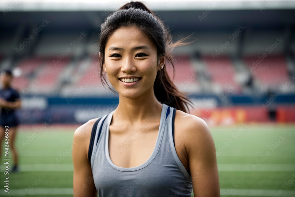 Asian female athlete in sportswear, happy and smiling, standing in athletics stadium Asian female athlete in sportswear, happy and smiling, standing in athletics stadium