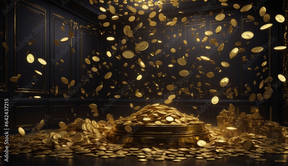 room full of money and gold , Dark background , Generation AI 
