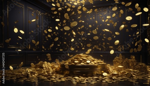 room full of money and gold , Dark background , Generation AI   © dua
