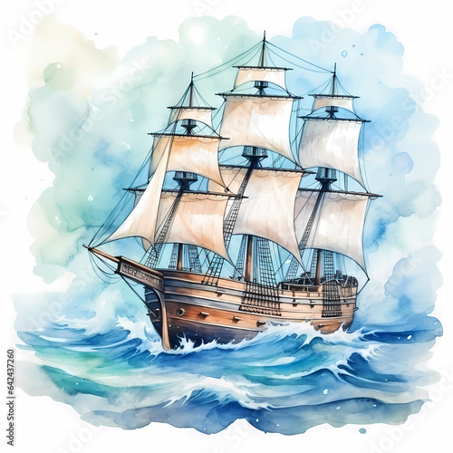 Watercolor pirateship boat in ocean.
