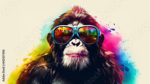 Singeries en couleurs : Un singe cool avec des lunettes de soleil et un fond arc-en-ciel