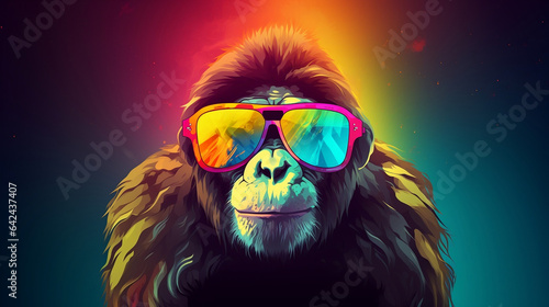 Singeries en couleurs : Un singe cool avec des lunettes de soleil et un fond arc-en-ciel
