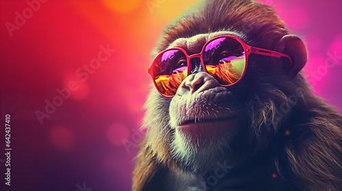 Singeries en couleurs : Un singe cool avec des lunettes de soleil et un fond arc-en-ciel © Mr Yosuke