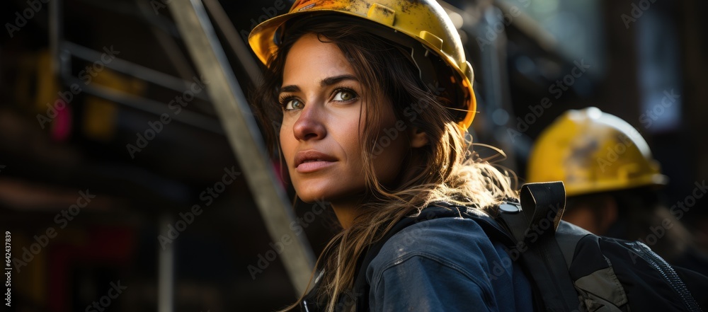 Woman worker in industrial profession. Crane operator, factory worker in helmet and uniform. Labor Day