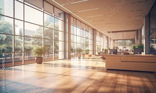 Glass reception in a large open hall. Clean and well-lit office space. AI generated