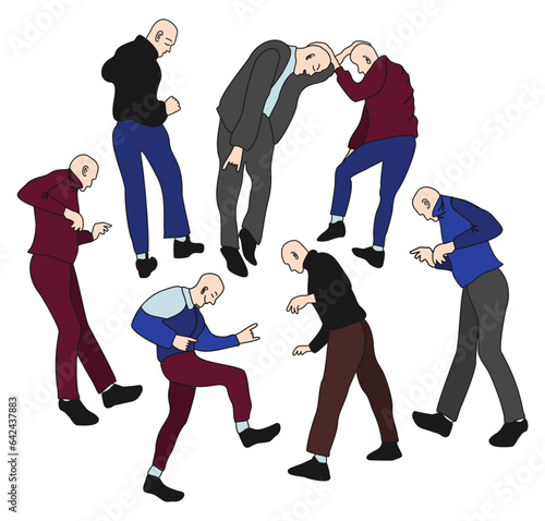 Gabbers dancing hakkuh dance. Gabba style. Men with shaved head in sweatpants and sneakers. Youth subculture comes from the 80-90s. Vector isolated illustration.