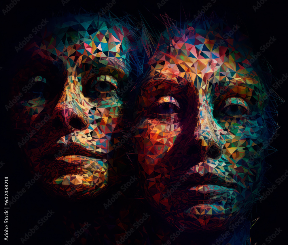 colorful abstract two woman faces in 3d, dark cyan and amber, epic portraiture,  mosaic-like patterns