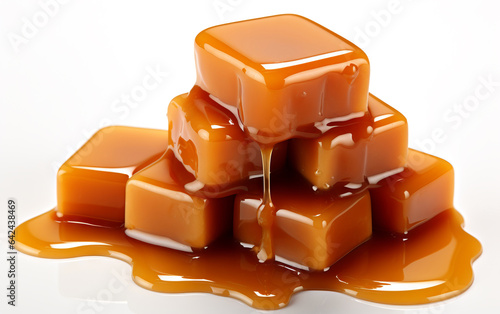 Caramel cube and sauce isolated on a white background