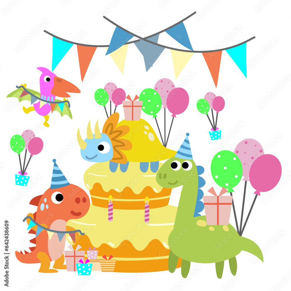Fototapeta premium Happy Birthday Dinosaur party cake. happy dino clipart
