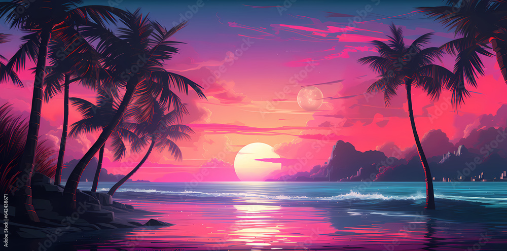 Outrun Synthwave style - 1990s retro aesthetic with palm trees and tropical sunset in pink and blue