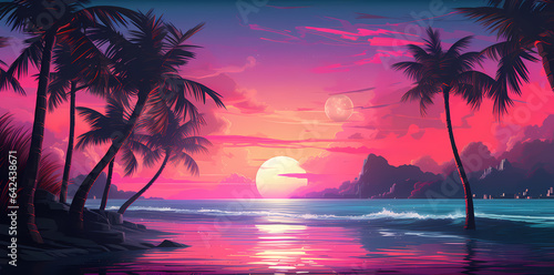 Outrun Synthwave style - 1990s retro aesthetic with palm trees and tropical sunset in pink and blue © Planetz