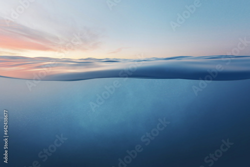 Blue sea or ocean water surface and underwater against sunset. © Sondem
